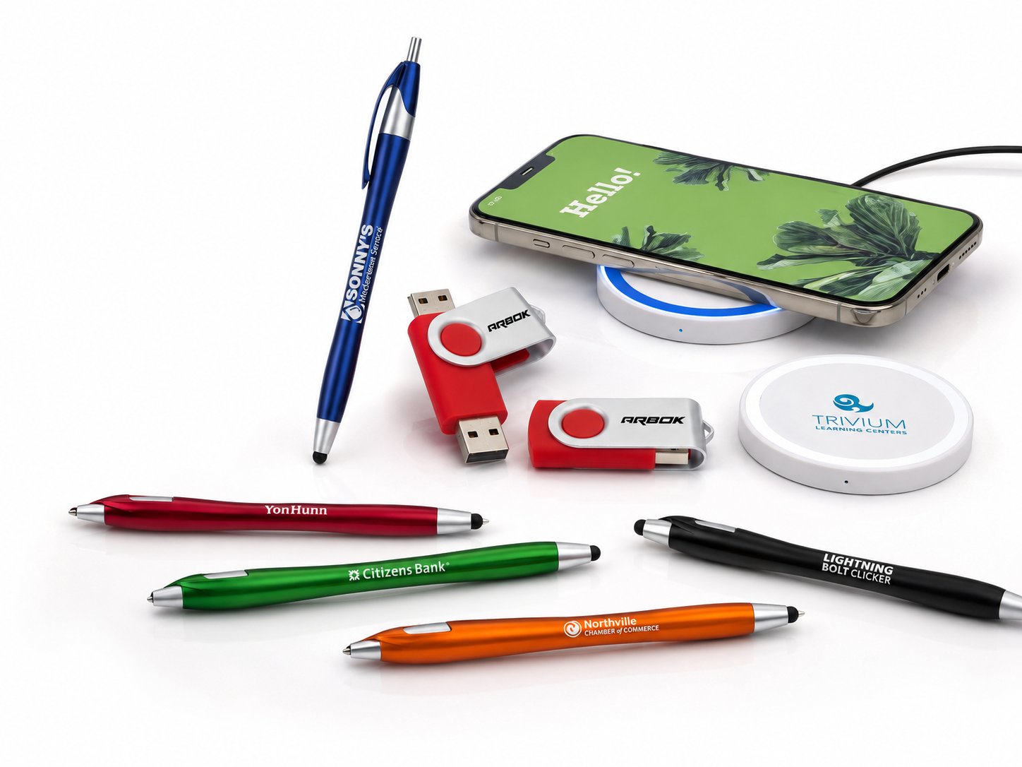 A curated desk collection of branded promotional products