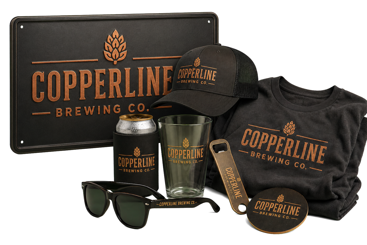 Copperline Brewing Co. branded tin tacker, sunglasses, hat, bottle opener, can coozie, coaster, pint glass and T-shirt