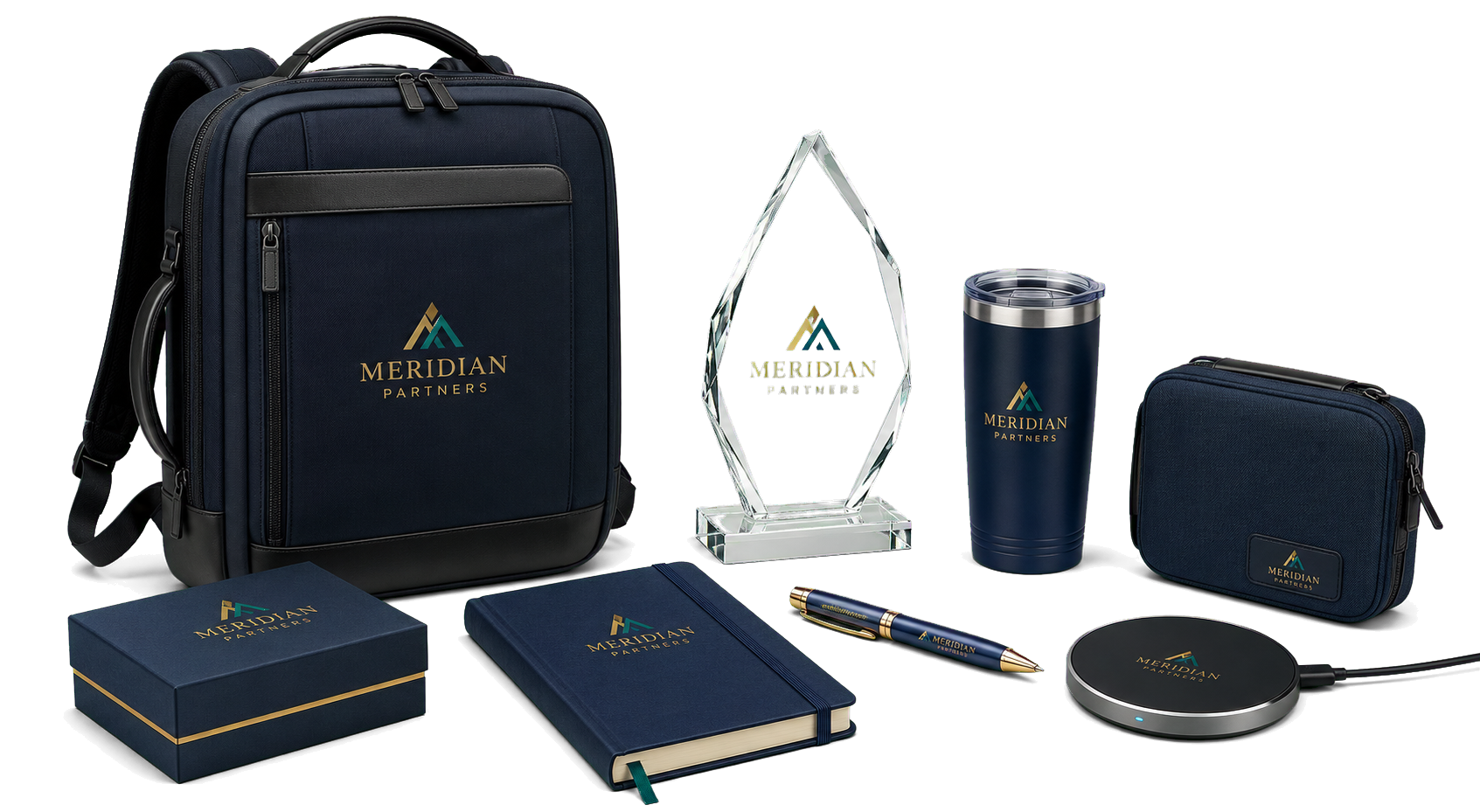 Meridian Partners executive promotional collection with premium bag, pen, award, notebook, drinkware, tech organizer and wireless charger