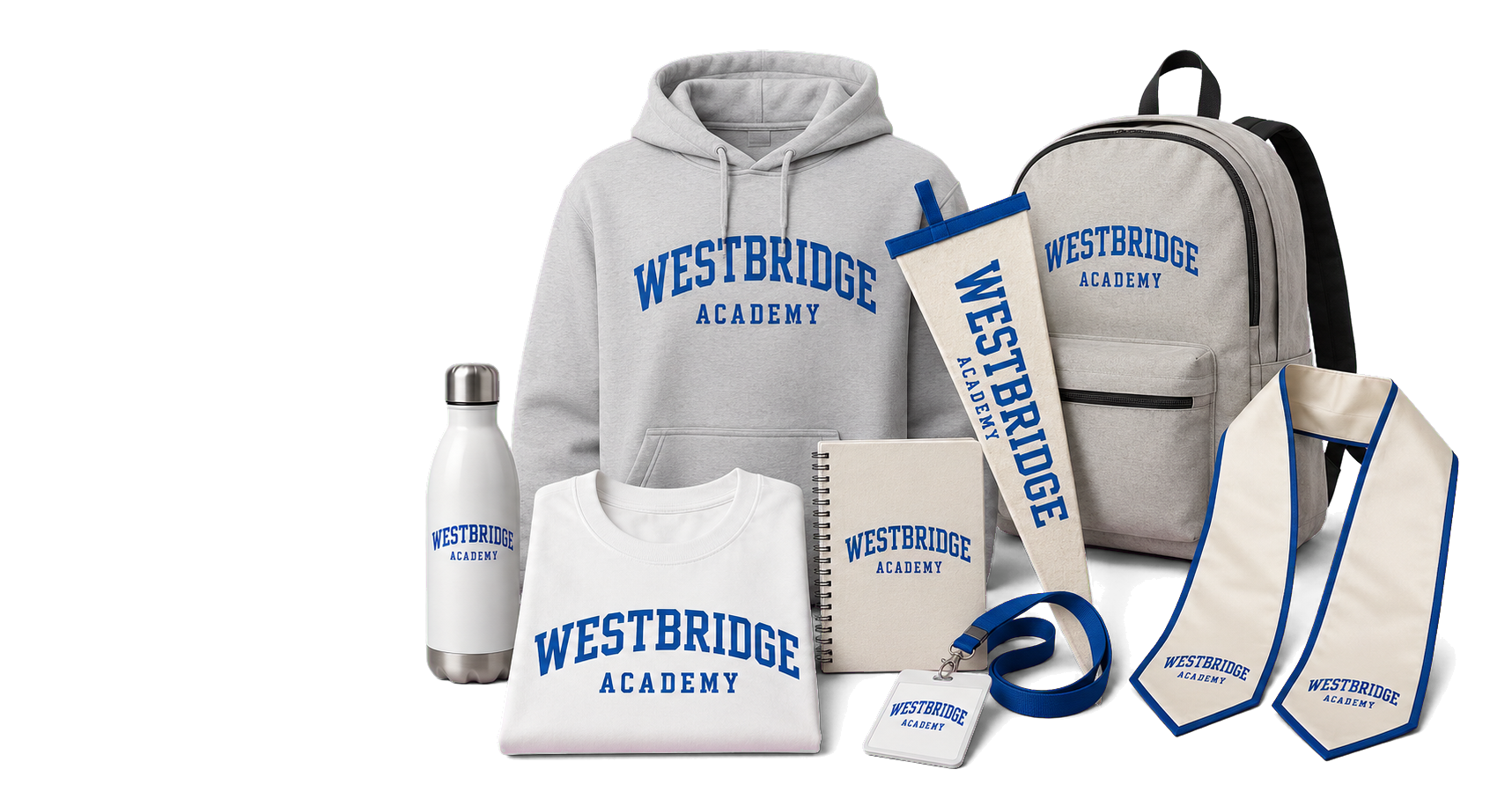 Westbridge Academy education collection with campus apparel, backpack, notebook, bottle, pennant, lanyard and graduation stole