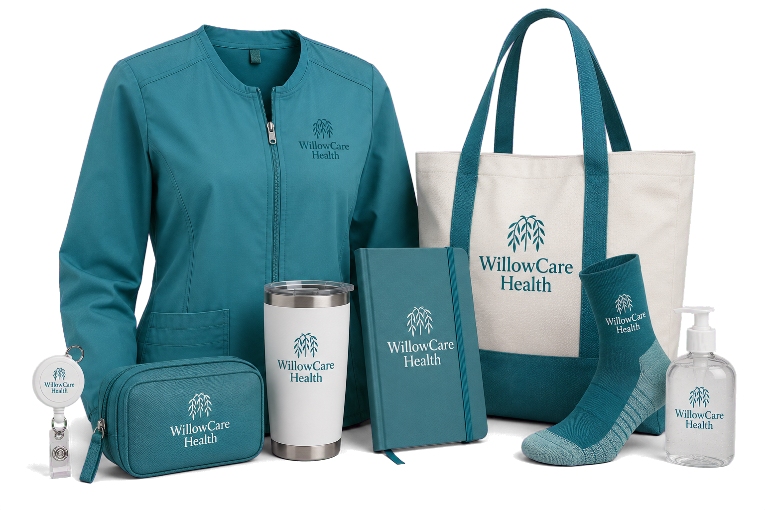 WillowCare Health collection with scrub jacket, badge reel, tumbler, first-aid pouch, journal, socks, tote and sanitizer