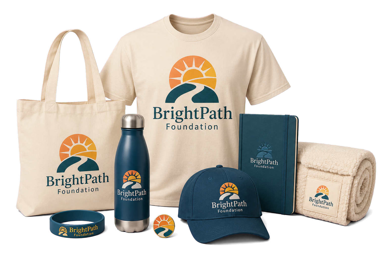 BrightPath Foundation nonprofit collection with volunteer apparel, tote, wristband, bottle, pin, cap, journal and donor gift