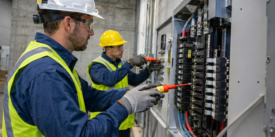 A real-world electrical contractors team and customer setting