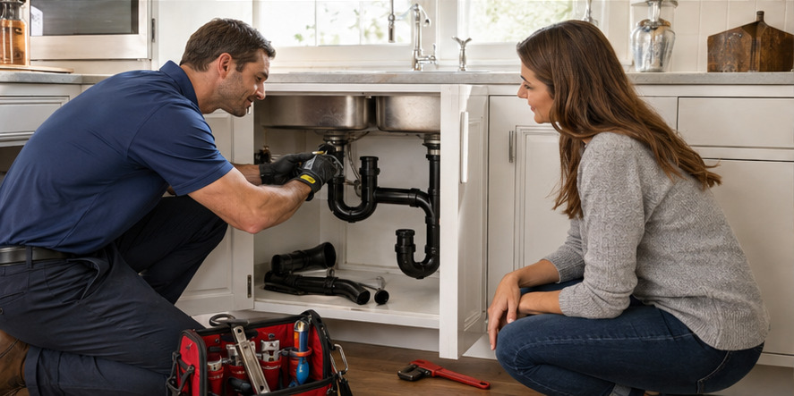 A real-world plumbing companies team and customer setting