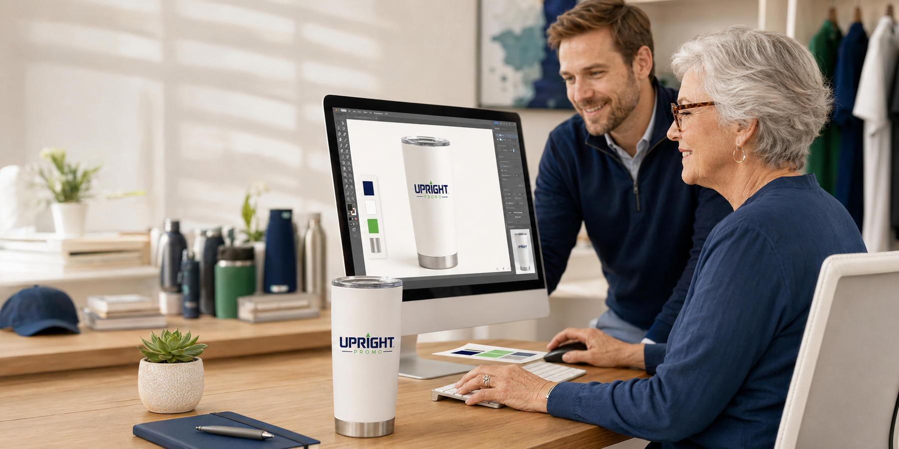 An Upright Promo account executive helping a client choose branded merchandise, including an Upright Promo branded product