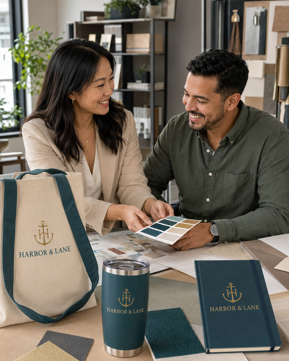 Brand strategist reviewing Harbor and Lane merchandise with a client