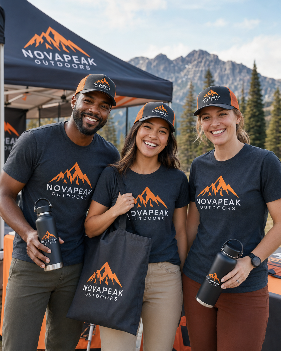 NovaPeak Outdoors team wearing coordinated campaign merchandise