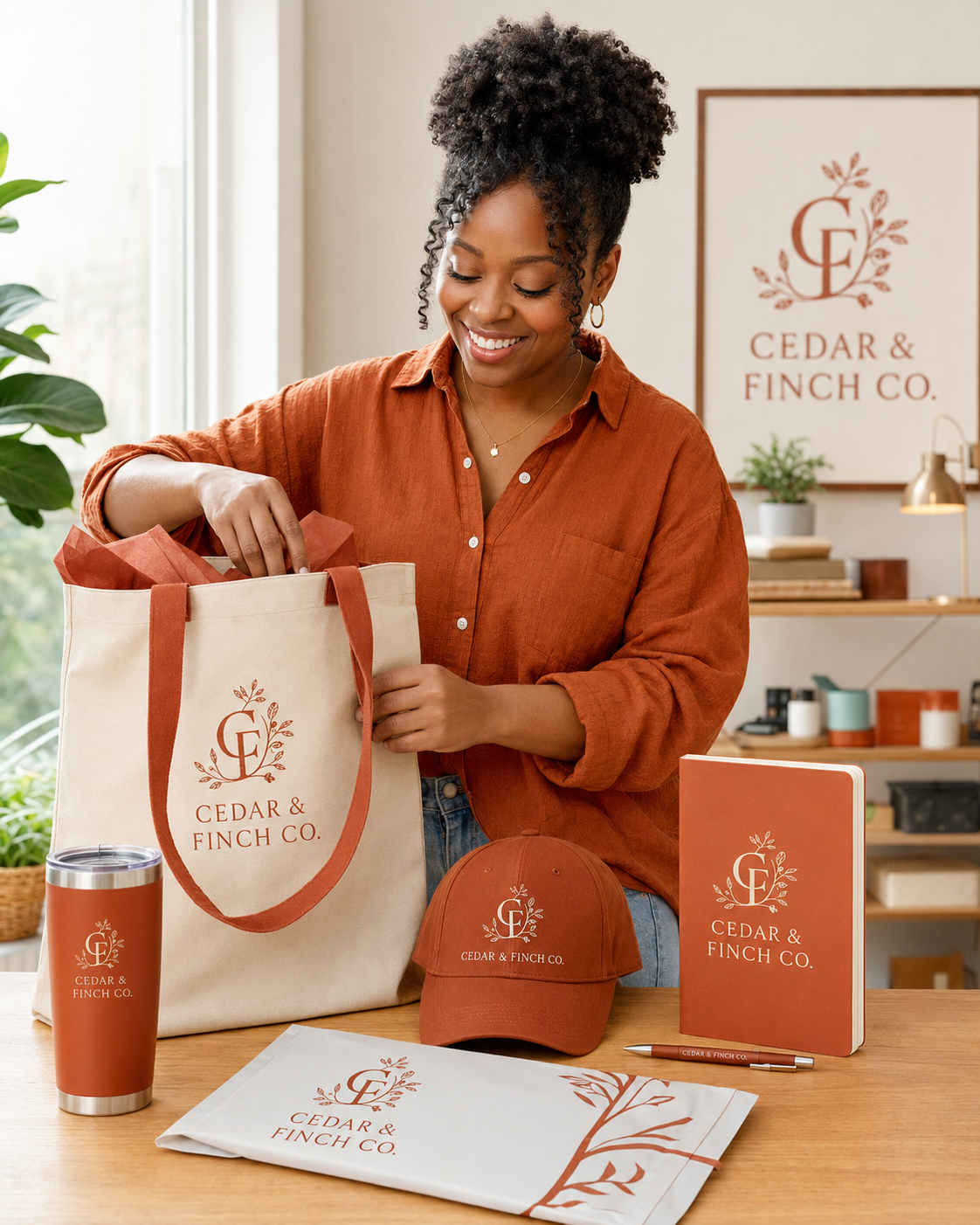 Cedar and Finch promotional products displayed by a small-business owner